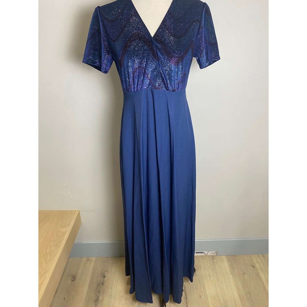 Vintage 70s Glitter Wavy Maxi Dress Blue Purple V-Neck Empire Waist Disco